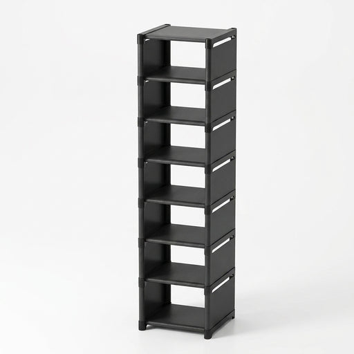 7-Grid Shoe Rack — Metal Tube Frame with Fabric Shelves, Floor Installation, Black or White