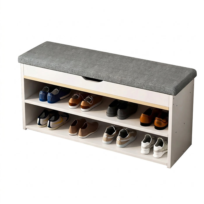 2-Tier Wooden Shoe Bench – Seat & Shoe Rack for Hallway, Entrance (White)