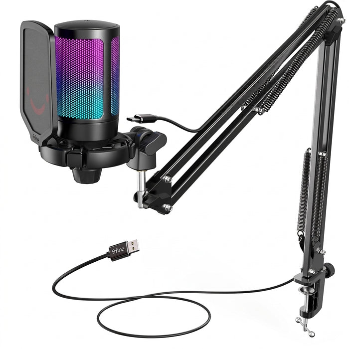 FIFINE A6T USB Gaming Microphone Kit with RGB, Cardioid Condenser & Boom Arm