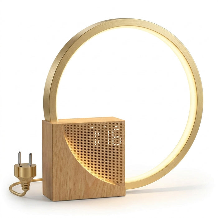 Touch Alarm Clock Night Light — 3-Level Dimmable Table Lamp with White Noise (Wood Colour)