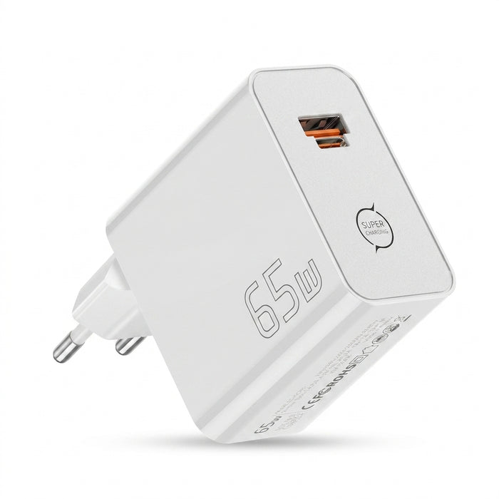 65W GaN Dual-Port Fast Charger PD3.0 PPS QC4.0 – Hybrid USB-C/USB-A