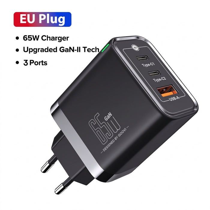 QOOVI 65W GaN 3‑Port Charger – USB‑C PD & Quick Charge 4.0, 2x USB‑C + USB‑A