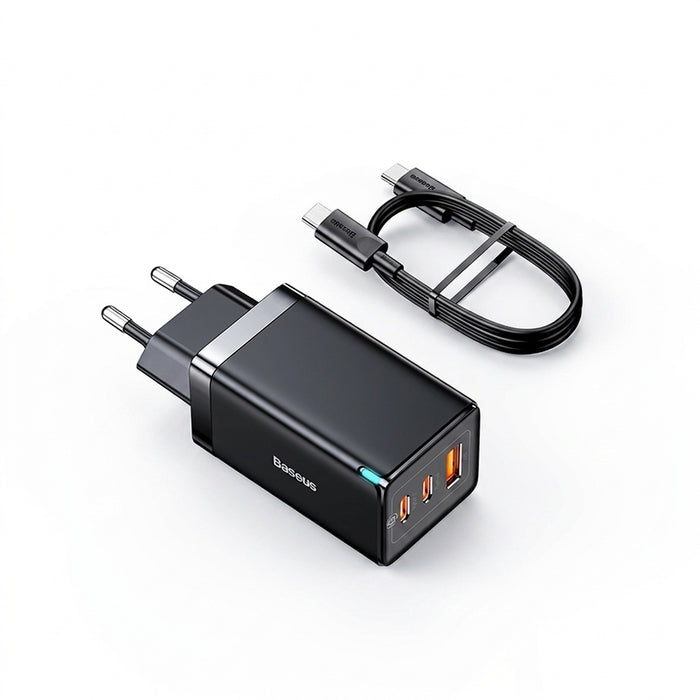 Baseus GaN5 Pro 65W Fast Charger – 3‑Port USB‑C PD & QC with 1m 100W Cable