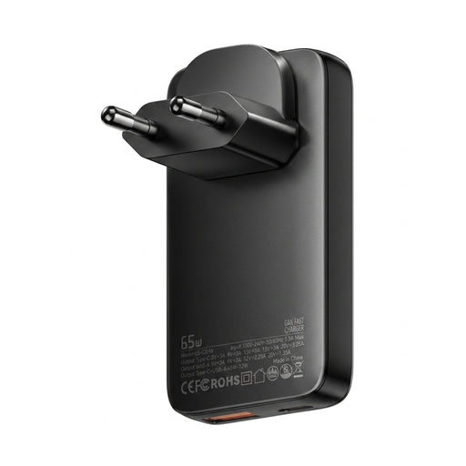 65W GaN USB-C PD & QC 3.0 Fast Charger – USB-C + USB-A, EU/UK/US Plug