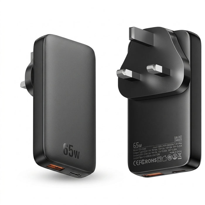 65W GaN USB-C PD & QC 3.0 Fast Charger – USB-C + USB-A, EU/UK/US Plug