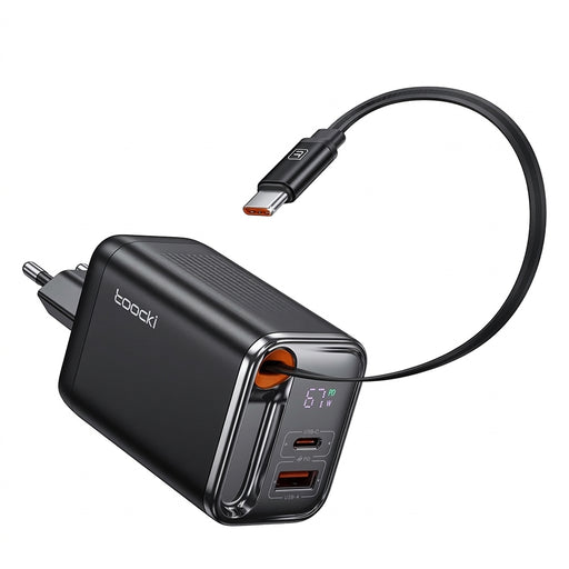 67W GaN Fast Charger with Retractable USB‑C Cable, PD3.0 & PPS, Digital Display (EU Plug) — for iPhone 17/16 & Samsung S25/S24