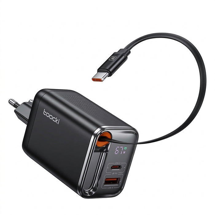 67W GaN Fast Charger with Retractable USB‑C Cable, PD3.0 & PPS, Digital Display (EU Plug) — for iPhone 17/16 & Samsung S25/S24