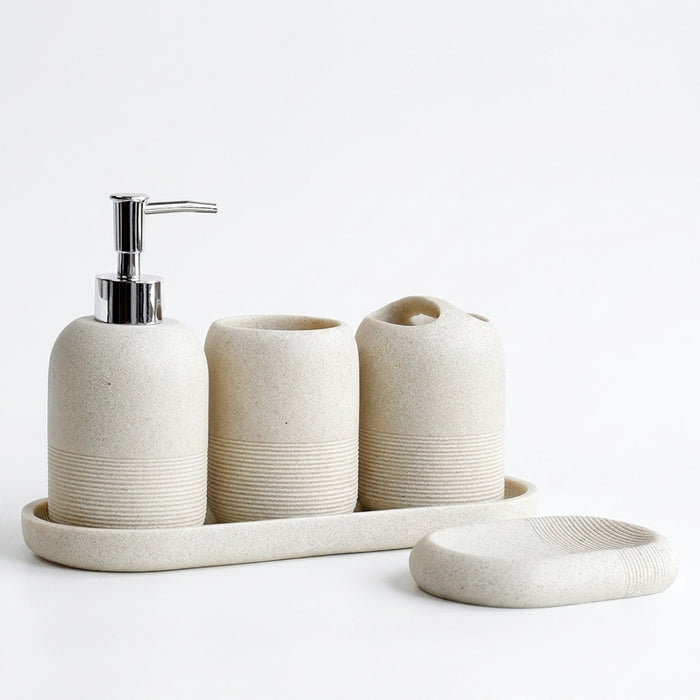 5-Piece Bathroom Accessory Set — Lotion Dispenser, Toothbrush Holder, Tumbler, Soap Dish & Tray (Beige or Grey)