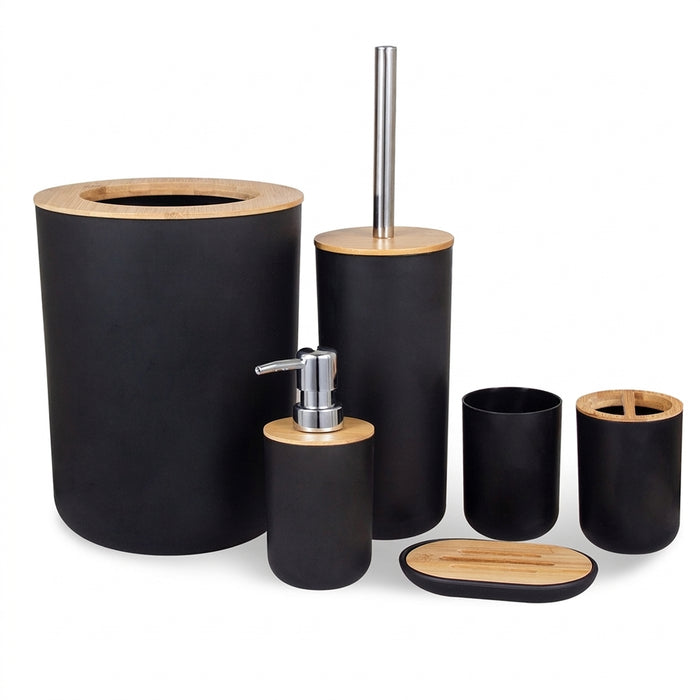 6-Piece Bamboo & Plastic Bathroom Set — Bin, Toilet Brush, Lotion Pump, Soap Box, Toothbrush Cup & Mouth Cup