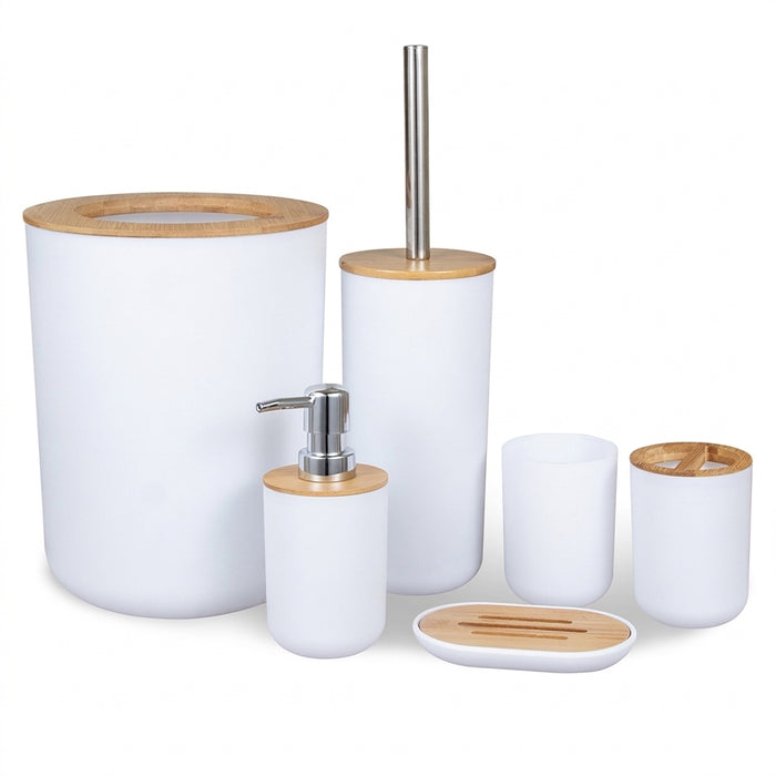 6-Piece Bamboo & Plastic Bathroom Set — Bin, Toilet Brush, Lotion Pump, Soap Box, Toothbrush Cup & Mouth Cup