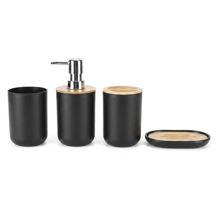 4-piece Bamboo-Accent Bathroom Set — Dispenser, Toothbrush Holder, Tumbler & Soap Dish
