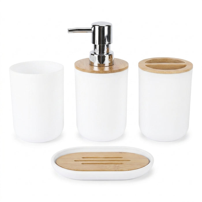 4-piece Bamboo-Accent Bathroom Set — Dispenser, Toothbrush Holder, Tumbler & Soap Dish