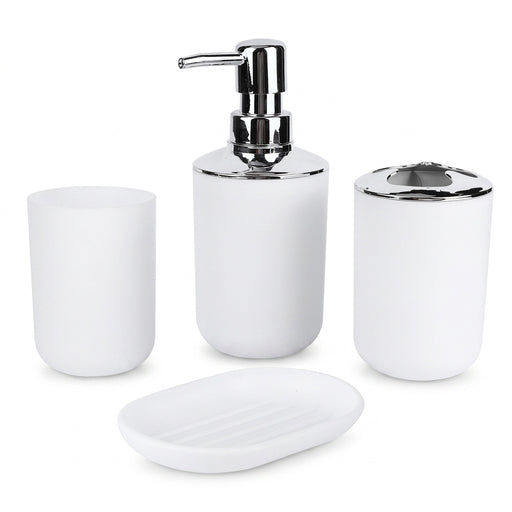 4‑Piece Plastic Bathroom Accessory Set — Soap Dispenser, Storage & Rinse Cups, Soap Dish