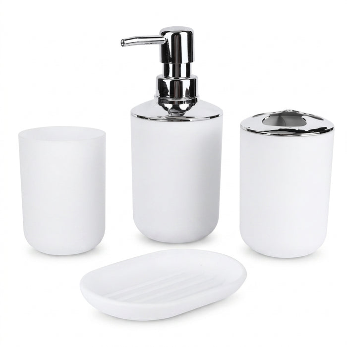 4‑Piece Plastic Bathroom Accessory Set — Soap Dispenser, Storage & Rinse Cups, Soap Dish