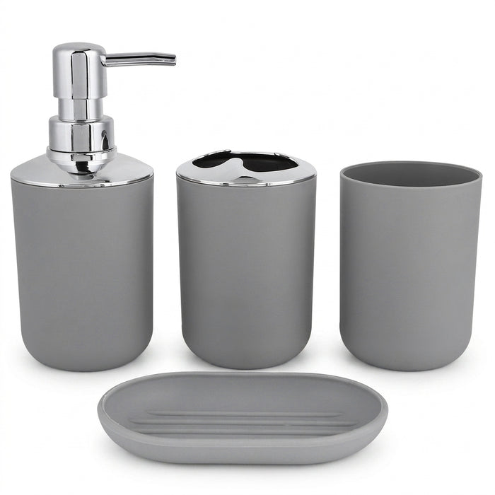 4‑Piece Plastic Bathroom Accessory Set — Soap Dispenser, Storage & Rinse Cups, Soap Dish