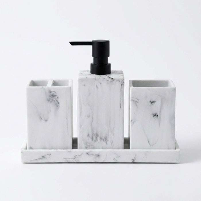 4-Piece Marble-Pattern Resin Bathroom Set — Lotion/Soap Dispenser, Toothbrush Holder, Tumbler & Tray (Black or White)