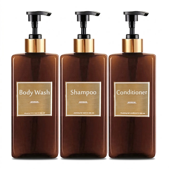 Refillable Shower Soap Dispenser Set – Plastic Shampoo, Conditioner & Hand/Dish Bottles (Brown or Black)