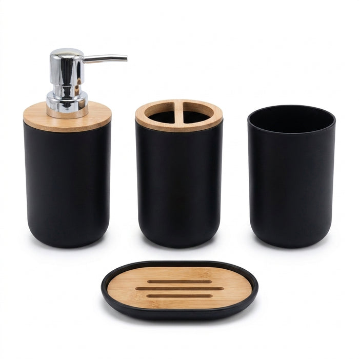4‑Piece Bathroom Accessory Set – Plastic with Bamboo Toothbrush Holder, Cup & Soap Dish (1‑pc Lotion Dispenser option)