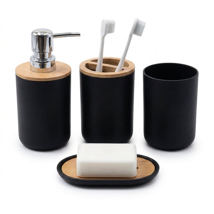 4‑Piece Bathroom Accessory Set – Plastic with Bamboo Toothbrush Holder, Cup & Soap Dish (1‑pc Lotion Dispenser option)