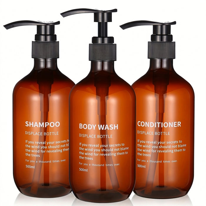 3‑Pack Amber Reusable Shampoo & Body Wash Dispensers with Printed Labels (500ml)