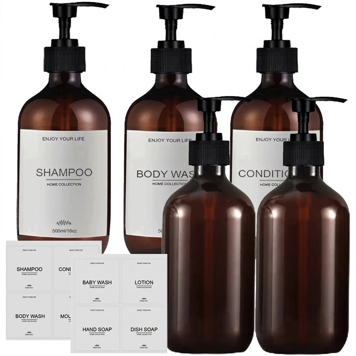 Set of 5 Amber 500ml Refillable Pump Bottles – Empty Dispensers for Shampoo, Conditioner, Hand & Dish Soap