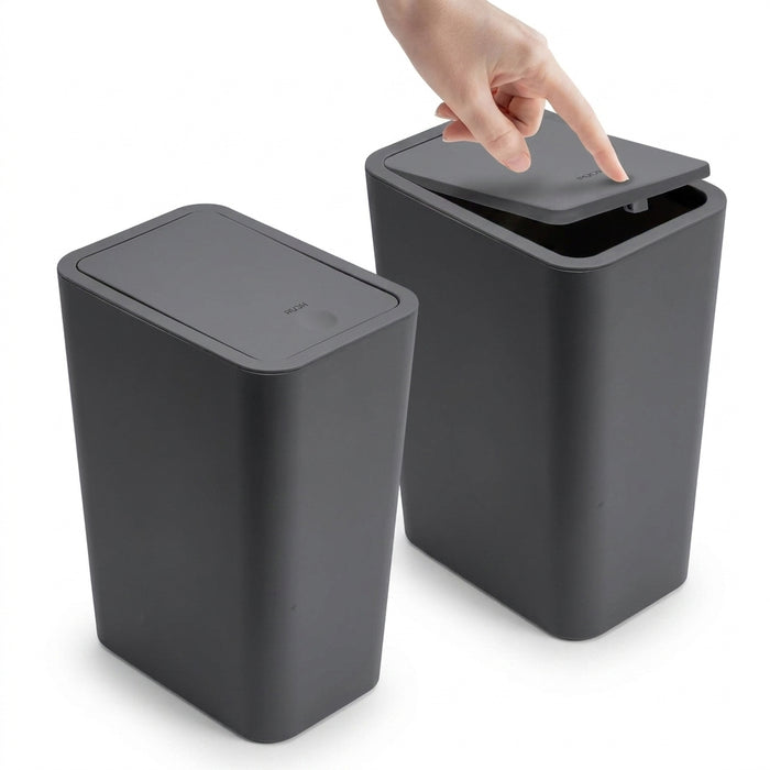 10L Slim Bathroom Bin with Press-Top Lid - Compact Plastic Wastebasket for Toilet, Bedroom & Living Room