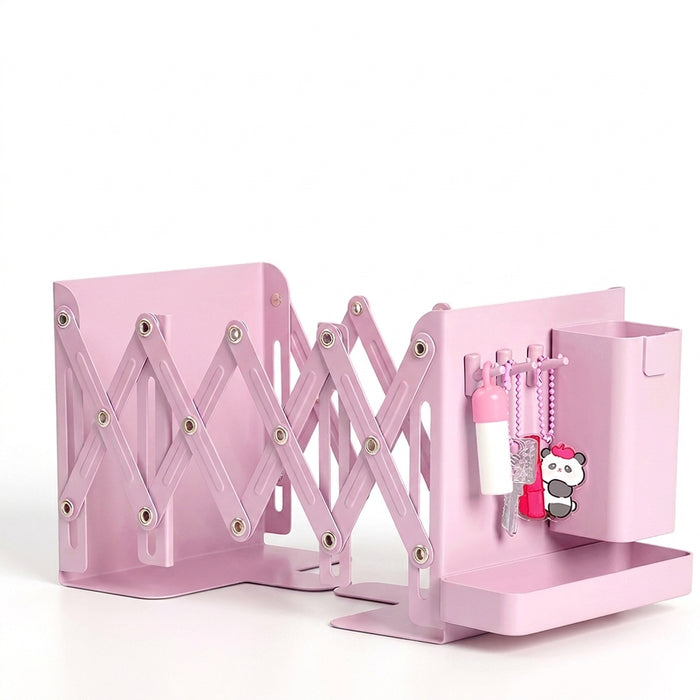 Retractable Metal Desktop Bookstand with Basket, Hooks & Removable Pen Holder