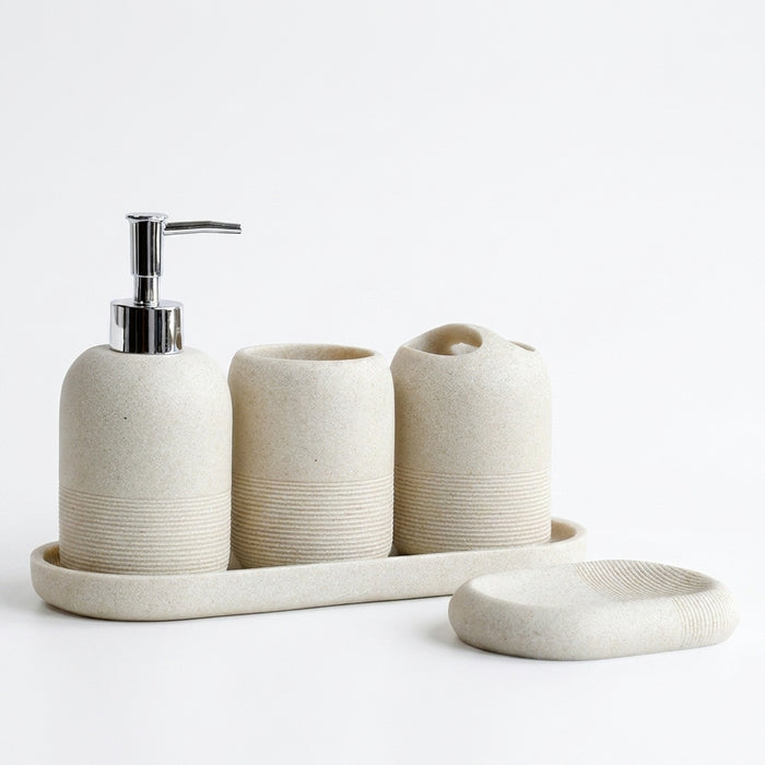5‑Piece Bathroom Accessory Set — Dispenser, Toothbrush Holder, Tumbler, Tray & Soap Dish (Beige or Grey)
