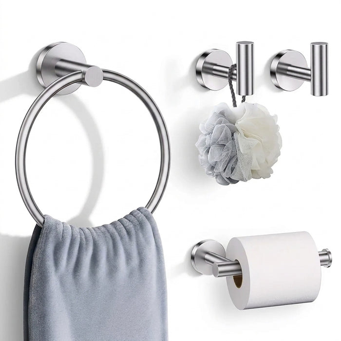 4-piece Stainless Steel Bathroom Set — Toilet Roll Holder, Towel Ring & 2 Hooks