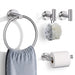 4-piece Stainless Steel Bathroom Set — Toilet Roll Holder, Towel Ring & 2 Hooks