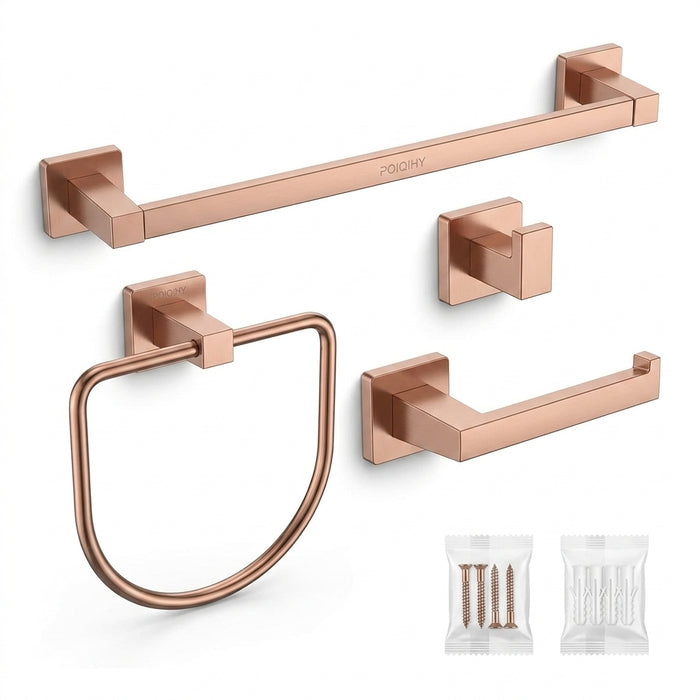 Rose Gold Bathroom Hardware Set — Stainless Steel Towel Rail, Toilet Paper Holder & Hook