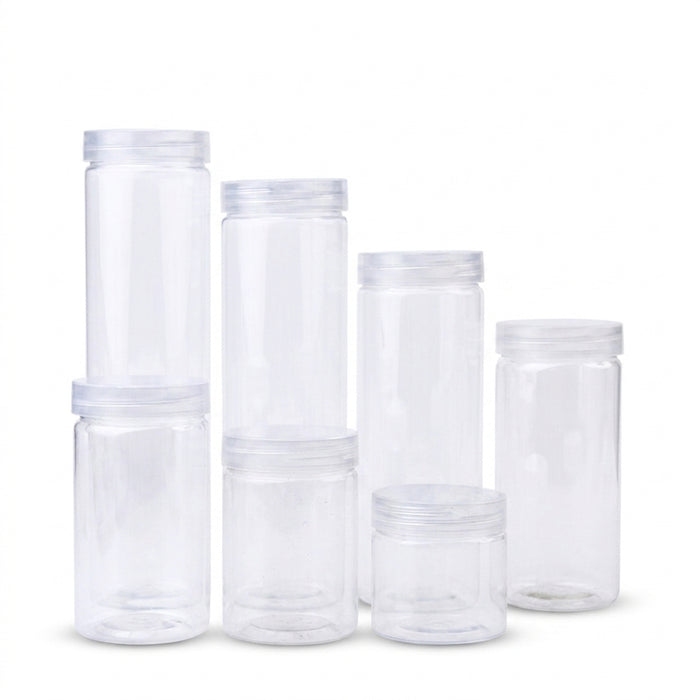 30 Clear Food-Grade PET Storage Jars with Lids – Assorted Sizes