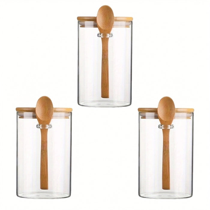 Airtight Glass Jars with Bamboo Lids & Spoons — 18oz (>501ml) — Pack of 1/2/3/4 — Transparent Food Storage for Spices, Beans & Tea