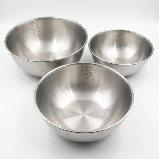 Set of 3 Stainless Steel Mixing Bowls with Measurement Marks — Thickened for Mixing & Kneading