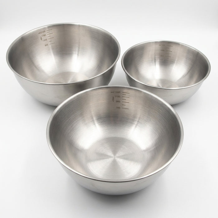 Set of 3 Stainless Steel Mixing Bowls with Measurement Marks — Thickened for Mixing & Kneading