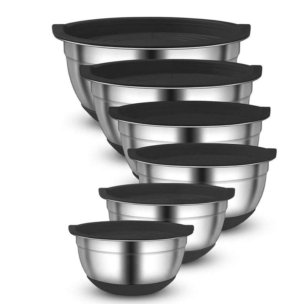 6-Piece Stainless Steel Nesting Mixing Bowls with Black Lids and Non-Slip Bases
