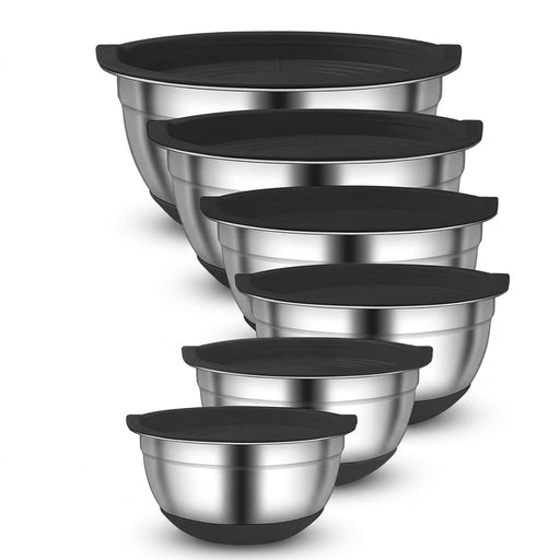 6-Piece Stainless Steel Nesting Mixing Bowls with Black Lids and Non-Slip Bases