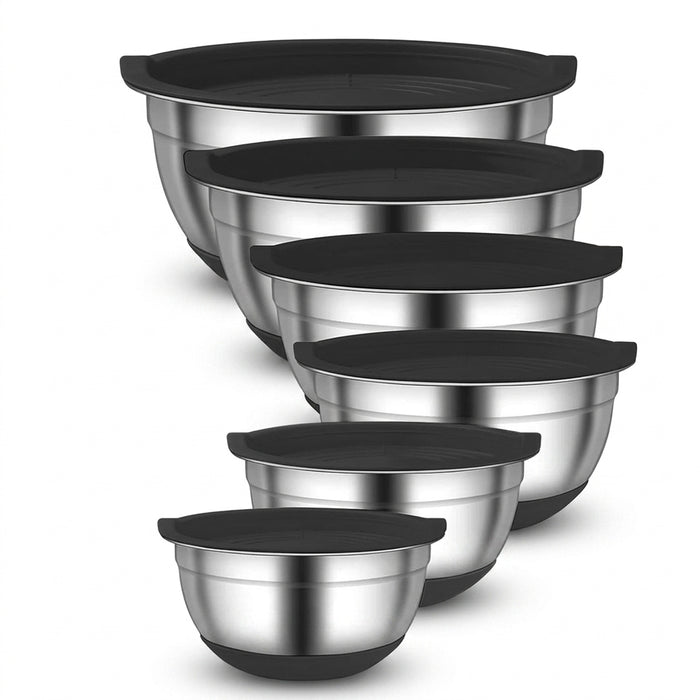 6-Piece Stainless Steel Nesting Mixing Bowls with Black Lids and Non-Slip Bases