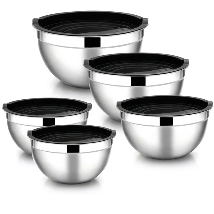 5-piece Stainless Steel Salad Basins with Lids — 2L+ Mixing & Baking Bowls (Silver)