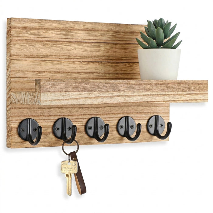 Wall-mounted Wooden Key and Mail Shelf with 5 Hooks
