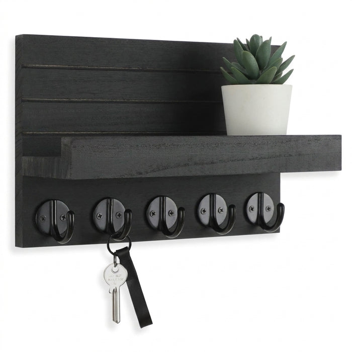Wall-mounted Wooden Key and Mail Shelf with 5 Hooks