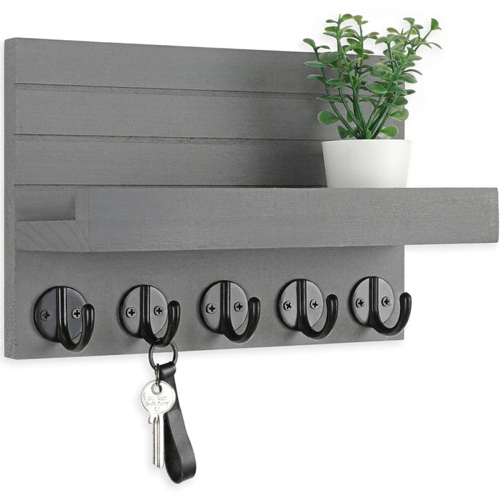 Wall-mounted Wooden Key and Mail Shelf with 5 Hooks