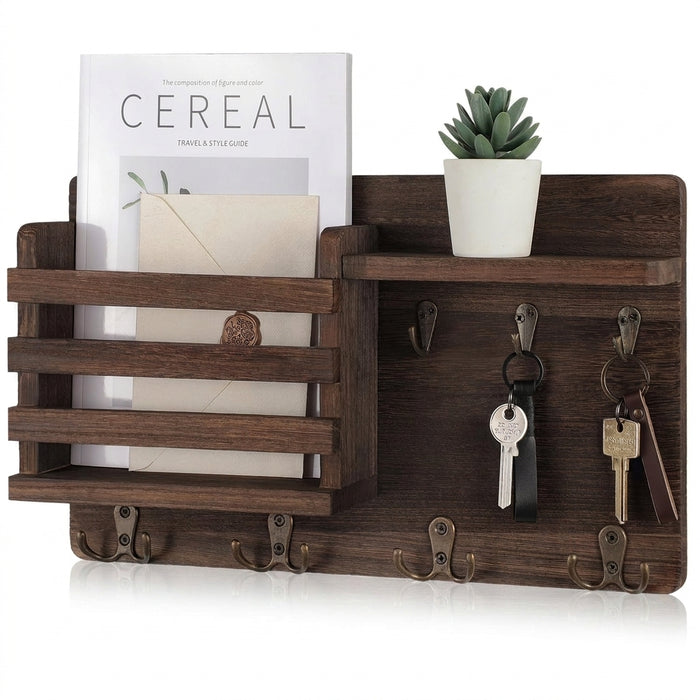 Rustic Wood Wall Mail Organiser with Key Hooks and Floating Shelf