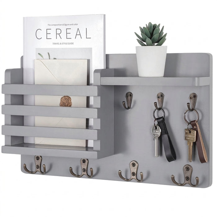 Rustic Wood Wall Mail Organiser with Key Hooks and Floating Shelf