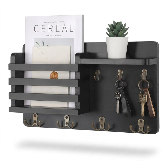 Rustic Wood Wall Mail Organiser with Key Hooks and Floating Shelf