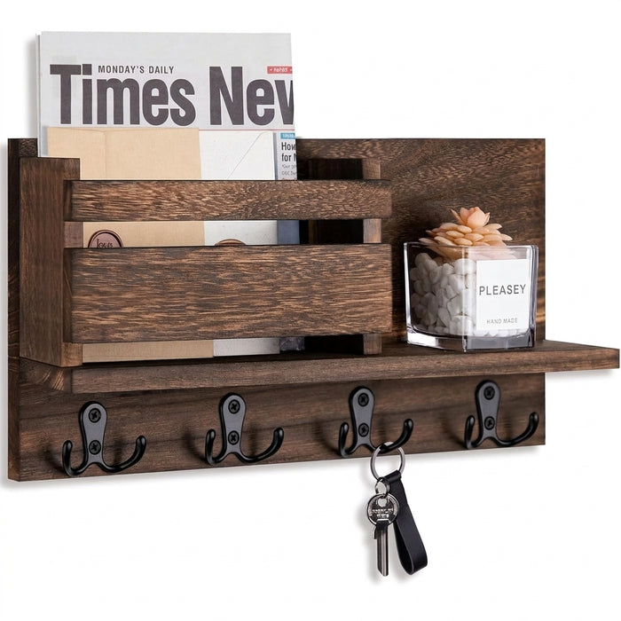 Wooden Wall-Mounted Key & Mail Organiser — Rustic Letter Sorter with 4 Key Hooks