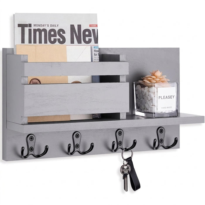 Wooden Wall-Mounted Key & Mail Organiser — Rustic Letter Sorter with 4 Key Hooks