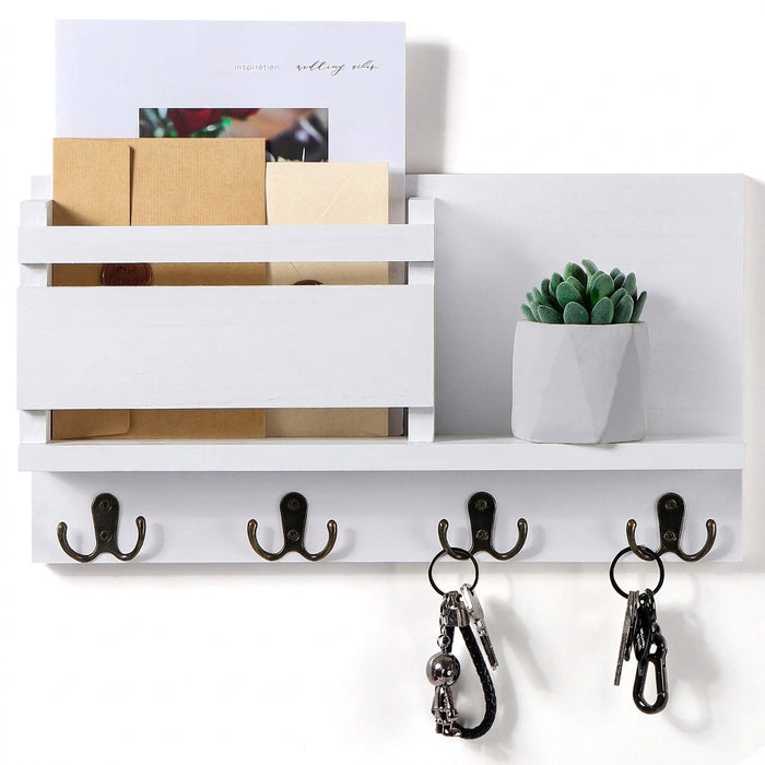 Wooden Wall-Mounted Key & Mail Organiser — Rustic Letter Sorter with 4 Key Hooks