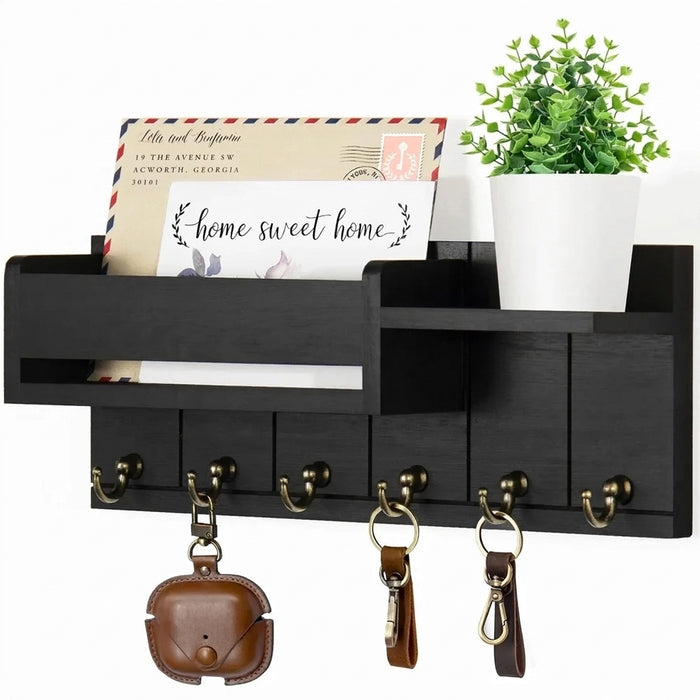 Rustic Wooden Wall Key Holder with Shelf — 6 Hooks & Mail Organiser