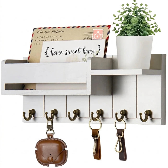 Rustic Wooden Wall Key Holder with Shelf — 6 Hooks & Mail Organiser
